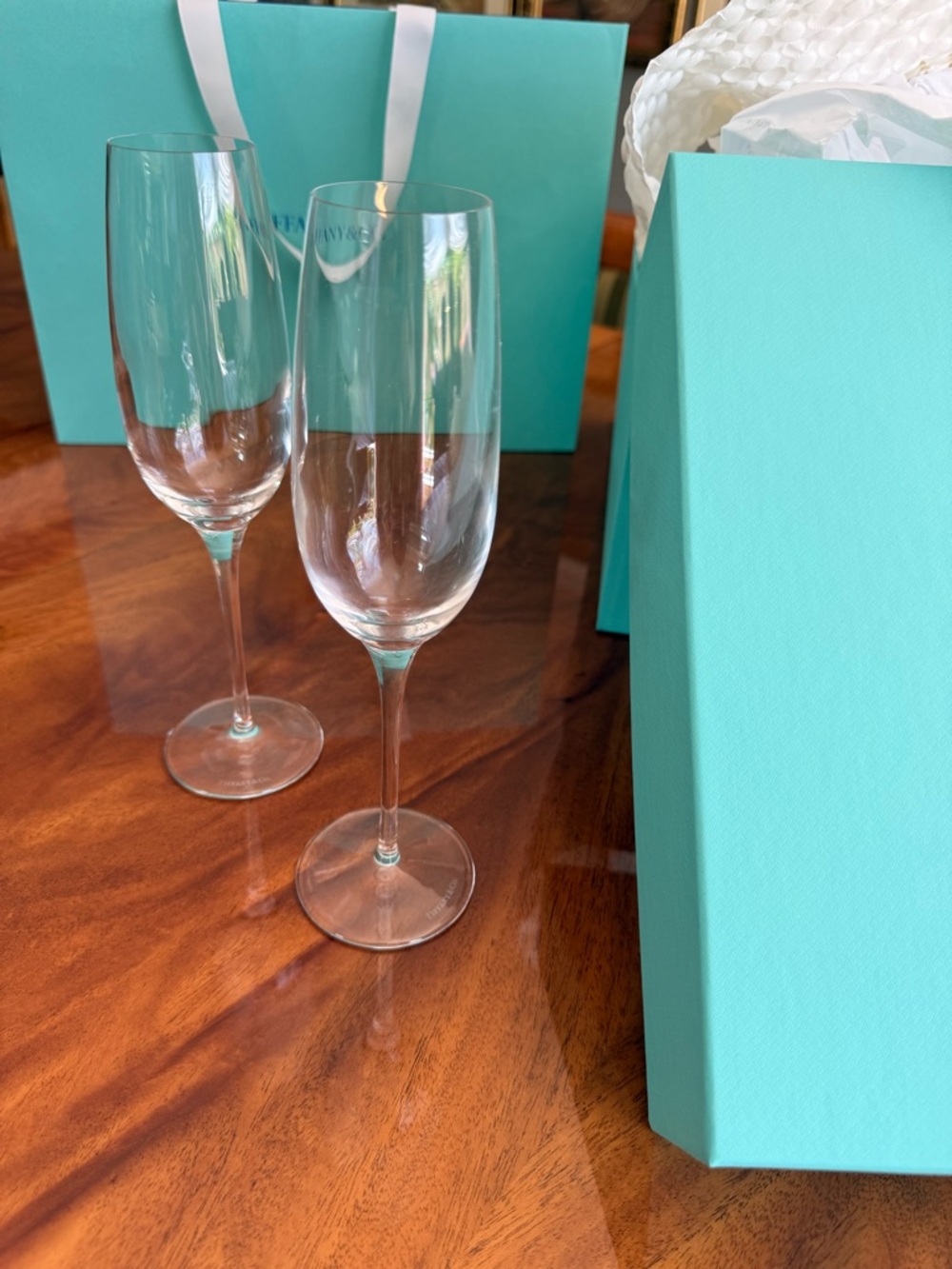 Tiffany & Co. Signature Blue Champagne Flutes with Blue Box